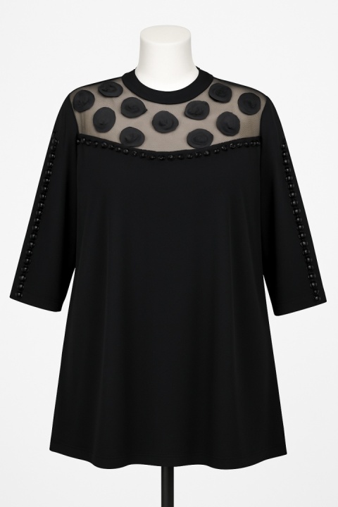 ✨ Elegancka bluzka Plus Size z tiulową wstawką i kwiatami